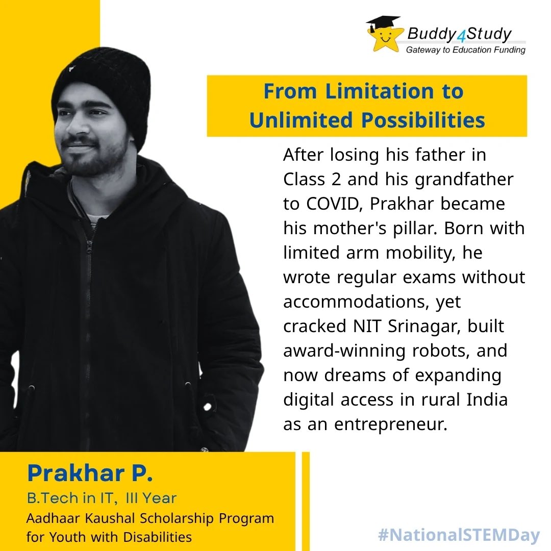 Buddy4Study's tweet image. This #NationalSTEMDay, we celebrate scholars from small towns &amp;amp; diverse backgrounds who turned challenges into breakthroughs. 🌟

At #Buddy4Study, with our esteemed partners, we&apos;re transforming STEM dreams into reality through scholarships &amp;amp; mentorship.

Every student supported…