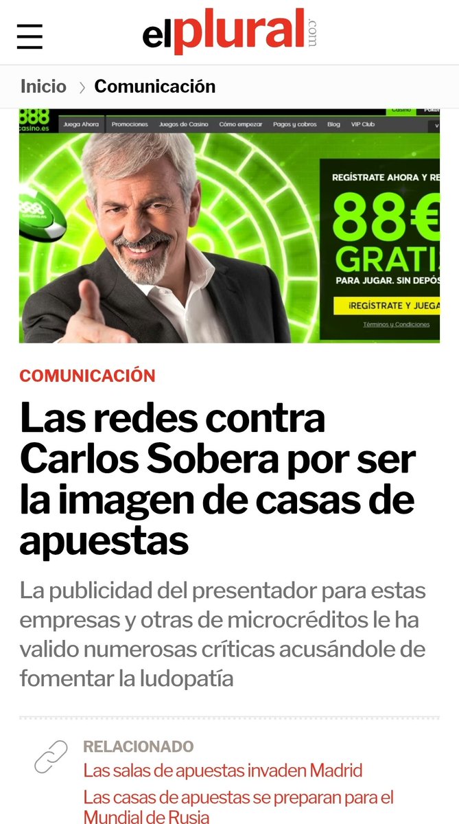 riojaberon's tweet photo. Si ya me cayó mal en su día Carlos Sobera por promocionar, anunciar #CasasDeApuestas y frivolizar con la #Ludopatía, ahora después de blanquear a OKDiario, ya ni te cuento. https://t.co/8nh862pd64