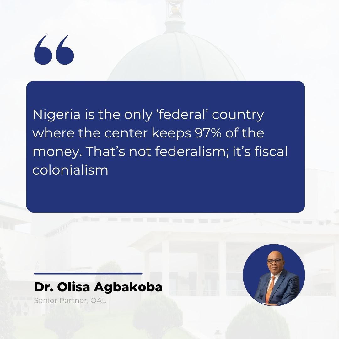 humairehhassan's tweet photo. "A government that controls 97% of national revenue and leaves 774 local governments begging is not a federation; it’s a monopoly."
——Dr Olisa Agbokoba @oagbakoba
#DevolutionIsTheSolution https://t.co/ZS2NU1LCZ2