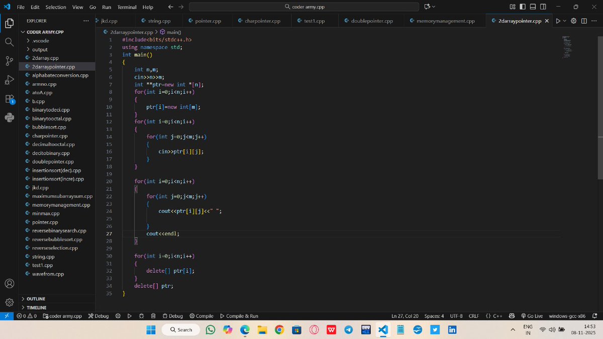JeetKumarD35856's tweet image. POINTERS CONQUERED! 
Just finished the FINAL lecture on pointers from the GOAT CoderArmy YT channel – Rohit Negi bhaiya is an absolute legend! 
Mastered 2D &amp;amp; 3D arrays with pointers, memory layout, and dynamic allocation on HEAP. No more segfault nightmares!   
 #DSA #CoderArmy