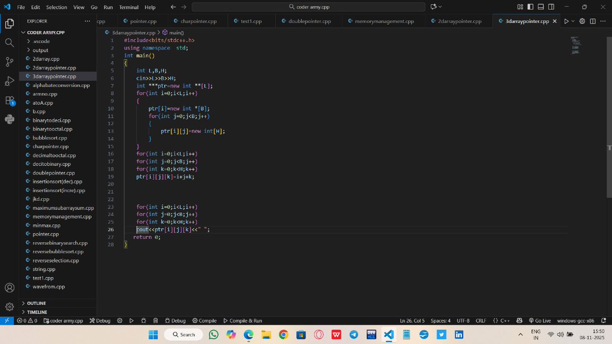 JeetKumarD35856's tweet image. POINTERS CONQUERED! 
Just finished the FINAL lecture on pointers from the GOAT CoderArmy YT channel – Rohit Negi bhaiya is an absolute legend! 
Mastered 2D &amp;amp; 3D arrays with pointers, memory layout, and dynamic allocation on HEAP. No more segfault nightmares!   
 #DSA #CoderArmy