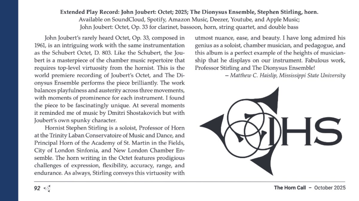 TDEDionysus's tweet image. Thank you 🙏@hornsocietyIHS for such a lovely review of our recording of @joubertcomposer&apos;s Octet (with particular shout out to the rather fab Steve Stirling!) in your recent &quot;Horn Call&quot;

Really appreciate you kind and generous words!

Do listen here:🔉 li.sten.to/f5xmm2q0