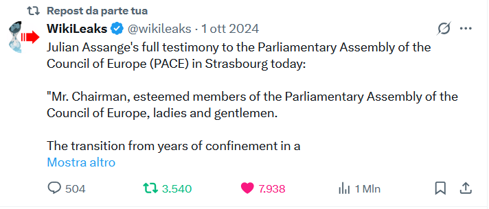 SMaurizi's tweet photo. I've posted and liked Julian #Assange's full testimony to the #CouncilOfEurope, THREE times in the last year: each time my repost and like disappeared.
This is my 4th attempt to repost and like it https://t.co/yUY9jCtN4k