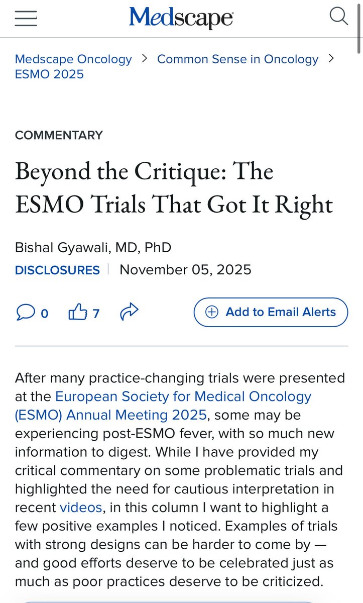 In this new <a href="/Medscape/">Medscape</a> <a href="/MedscapeOnc/">Medscape Oncology</a> blog post, <a href="/oncology_bg/">Bishal Gyawali, MD, PhD, FASCO</a> highlights some positive changes he noticed in a couple of new clinical trials reported during #ESMO25. 

medscape.com/viewarticle/be…
