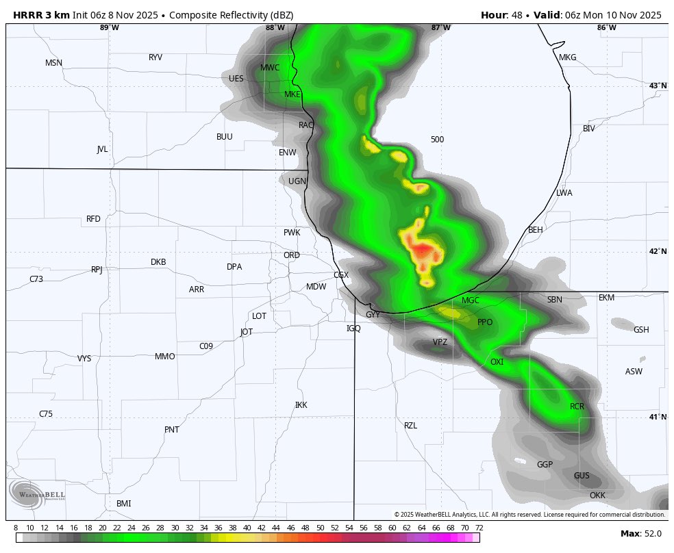 ❄️🚨This is the most intense lake effect snow band I've ever seen over Lake Michigan, and that says something because I've chased many lake effect events in NW Indiana. This one will cripple traffic from Sunday into Tuesday morning. I wouldn't even touch I-94; you will get stuck