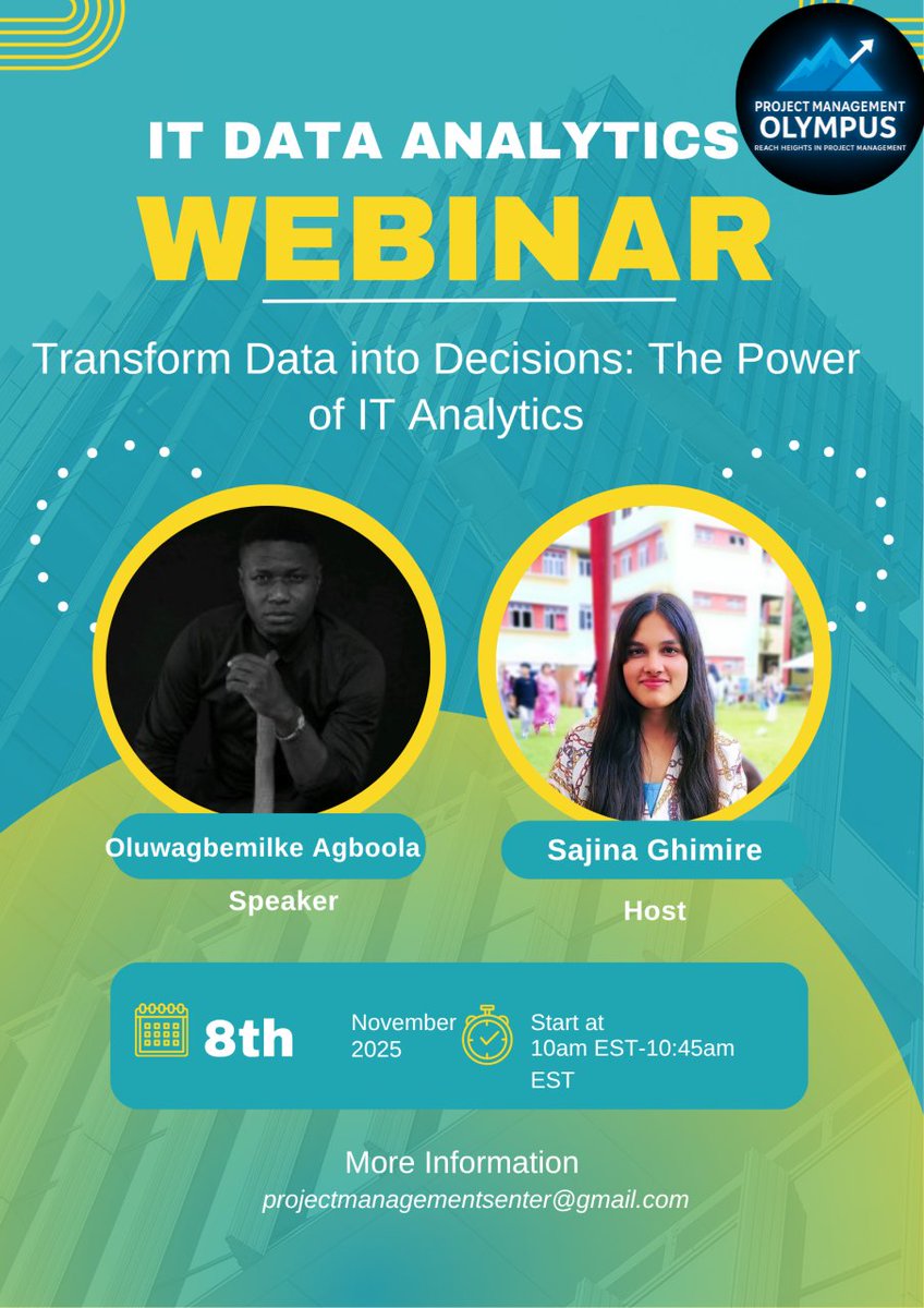 Weekends are for webinars.
I will be speaking at Project management Olympus on how to transform "Data into Decisions" In the IT space!

How true that the money is in the DATA?

Well you won't know if you don't join us.

#weekend