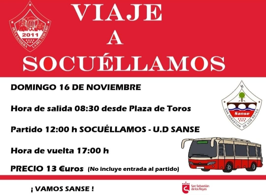 La Peña <a href="/ladeltercero12/">Peña La del Tercero</a> organiza viaje para seguir al <a href="/UDSanse/">U.D. Sanse</a> el Próximo Domingo.

Apúntate Ya por Mensaje en nuestras Redes sociales o en el Bar el Clavel
Plazas Limitadas !!!