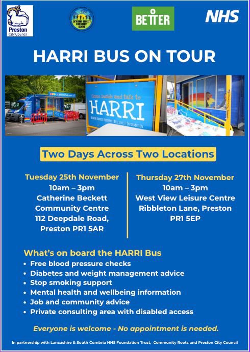 Suleman_Sarwar7's tweet image. Proud to announce that the NHS HARRI Bus is coming to St Matthew’s Ward this November.

It will visit on two separate days offering free health and wellbeing checks, diabetes and weight advice, stop smoking and more. 

Catherine Beckett Centre 25 Nov 10am to 3pm

West View…