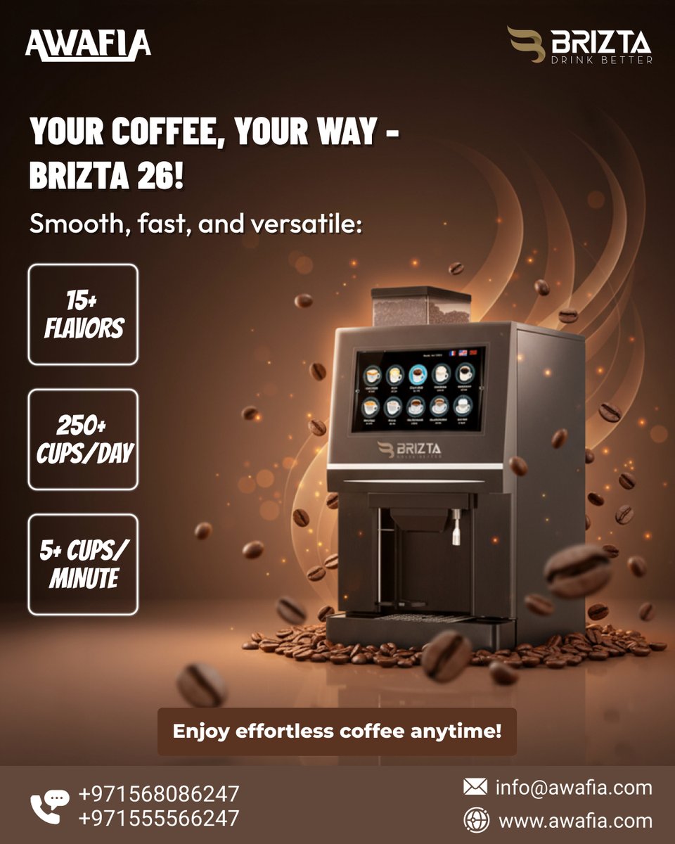 awafivending's tweet image. Your Coffee, Your Way - Brizta 26!
Smooth, fast, and versatile:
☕ 15+ flavors
⚡ 250+ cups/day
⏱️ 5+ cups/minute
Enjoy effortless coffee anytime!
🌐 awafia.com

#Brizta #Awafia #CoffeeSolutions #CoffeeMachine #OfficeCoffee #FreshBrew #CoffeeBreak #SmartCoffeeMachine