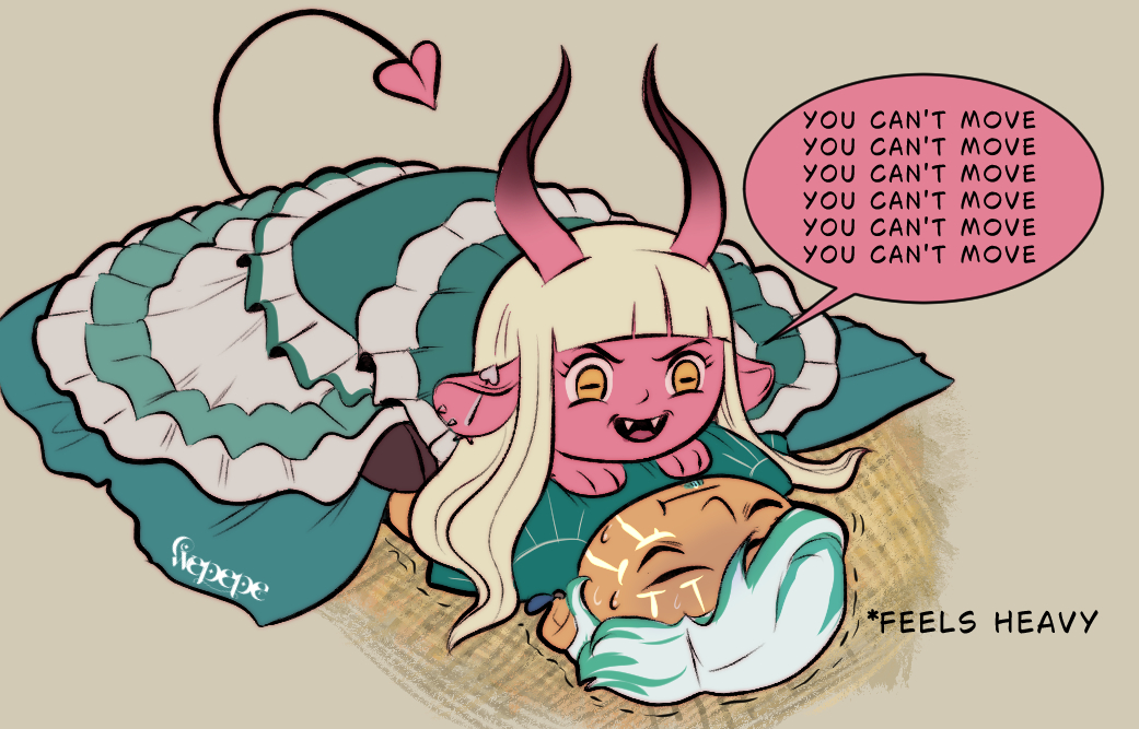 #criticalrolespoilers 
Tyranny in her sleeping paralysis demon mode, poor Wick tho, and he's allergic to hay.
I love their dynamic so much!! aaaaaaa ( ≧ᗜ≦)

#CriticalRole #wepepedraws