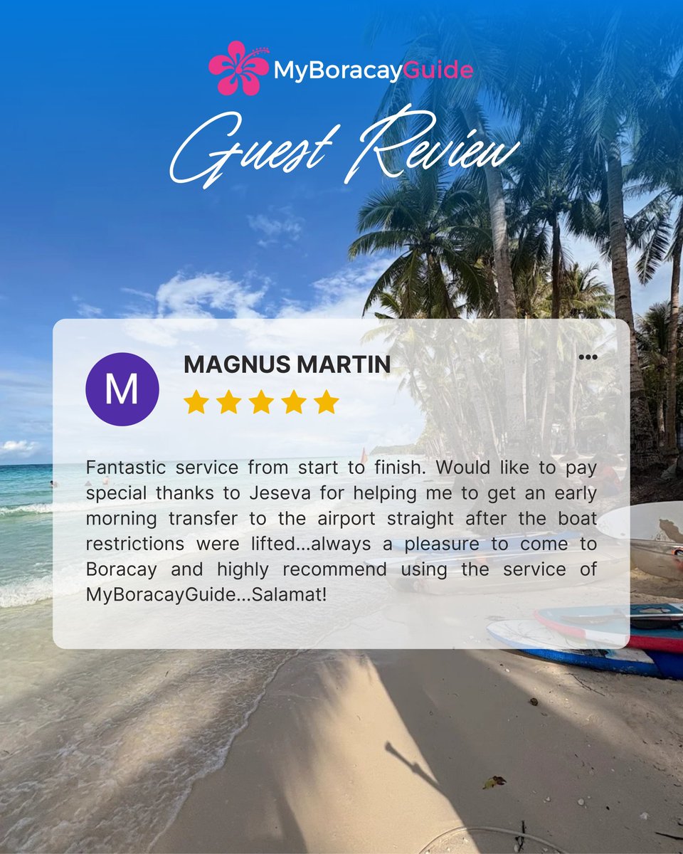 MyBoracayGuide's tweet image. 🌴✨ Nothing beats hearing stories like this from our happy guests! 💙

From smooth transfers to friendly assistance — we’re all about making your Boracay trip worry-free and wonderful. 🌺

Thanks, Magnus, for the kind words and for choosing MyBoracayGuide to be part of your…
