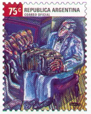 cultura_tango's tweet image. El Tango es nuestra música nacional. Melancólico y a su vez melódicamente hermoso, sus letras hablan mayoritariamente de amores perdidos, de Buenos Aires y su gente. En la viñeta observamos a un músico del 4x4 con su bandoneón . El valor facial del sello es de 75 centavos.