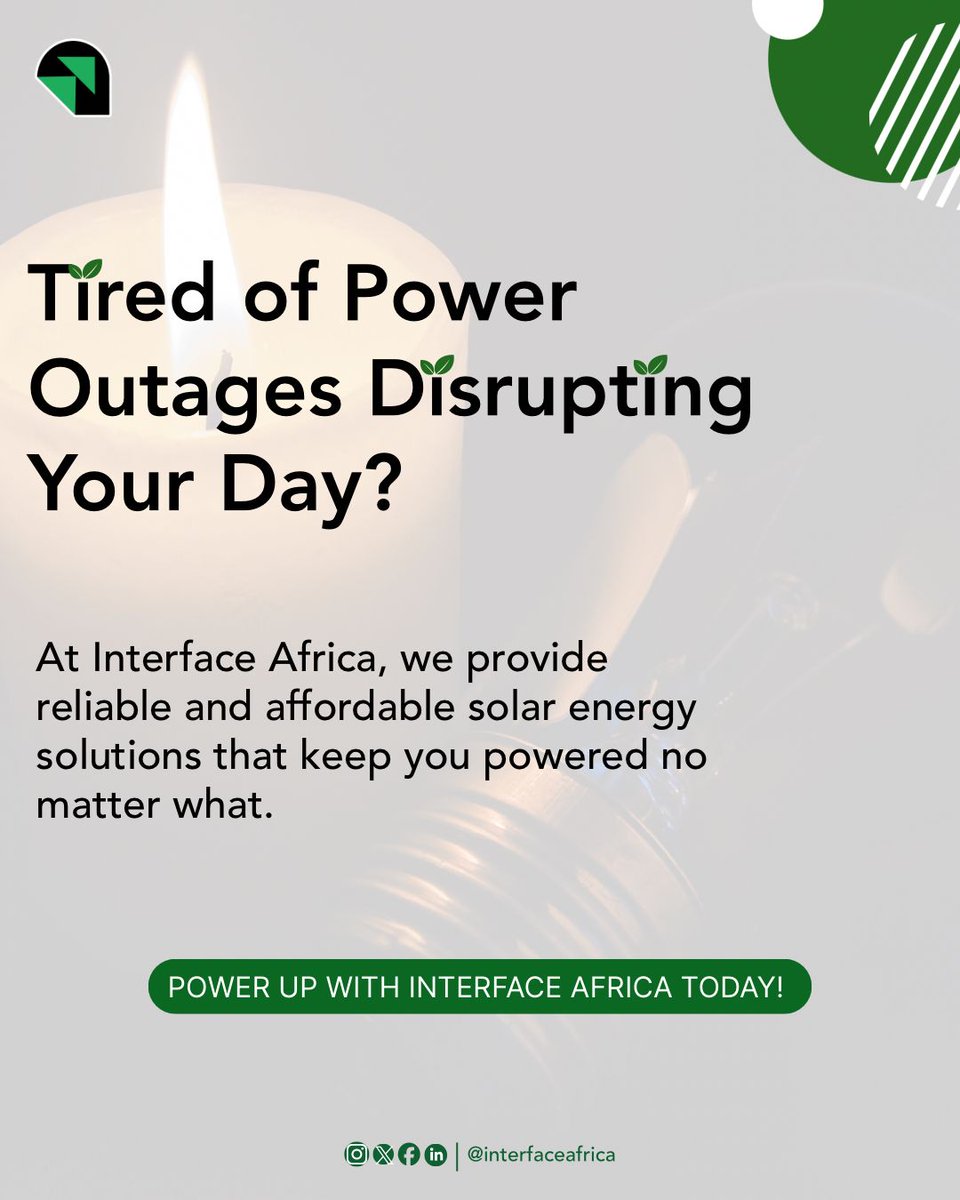 interfaceAF's tweet image. Tired of power outages disrupting your day?
It’s time to take control of your energy with Interface Africa’s reliable and affordable solar solutions.
Stay powered. Stay productive. Stay connected — no matter what! ⚡

Power up with Interface Africa today!