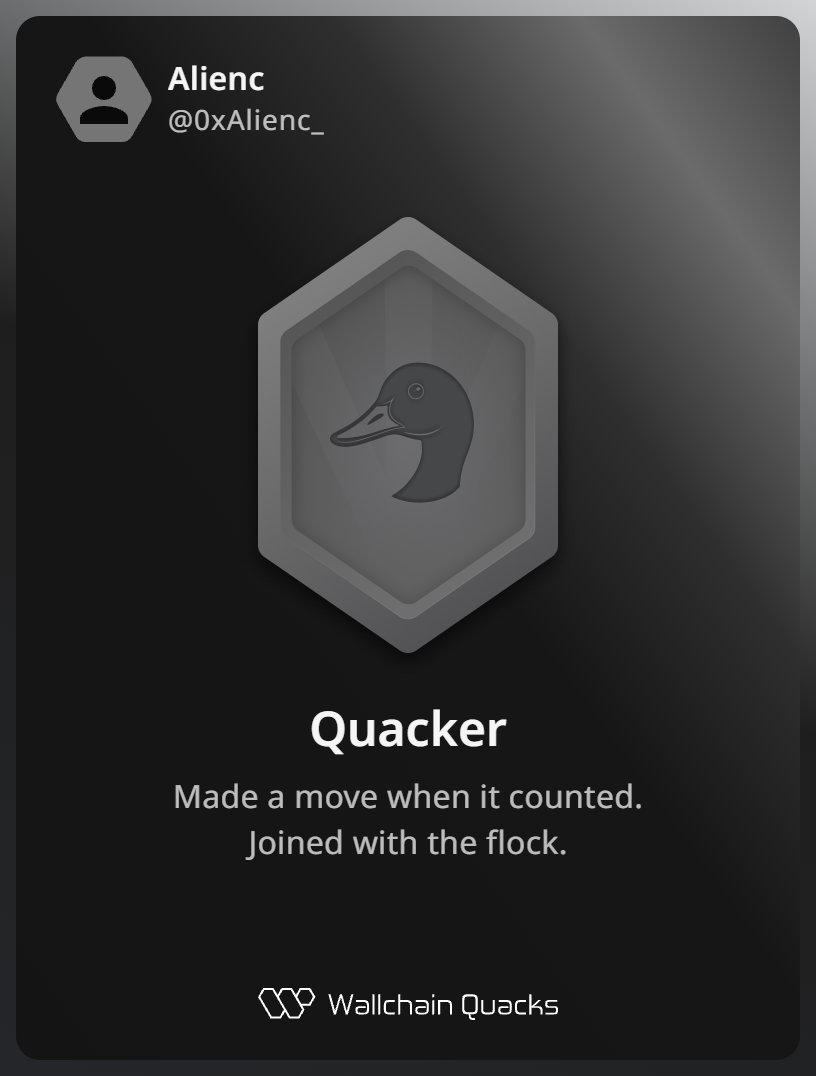 0xAlienc_'s tweet photo. Just unlocked the Quacker on @wallchain 🏆

How cool is that?

Feels great to have my contributions recognized.

How’s Wallchain Quacks been treating you so far?

Not on board yet? Drop a comment for an invite 👇🦆 https://t.co/nN66E4W8ta