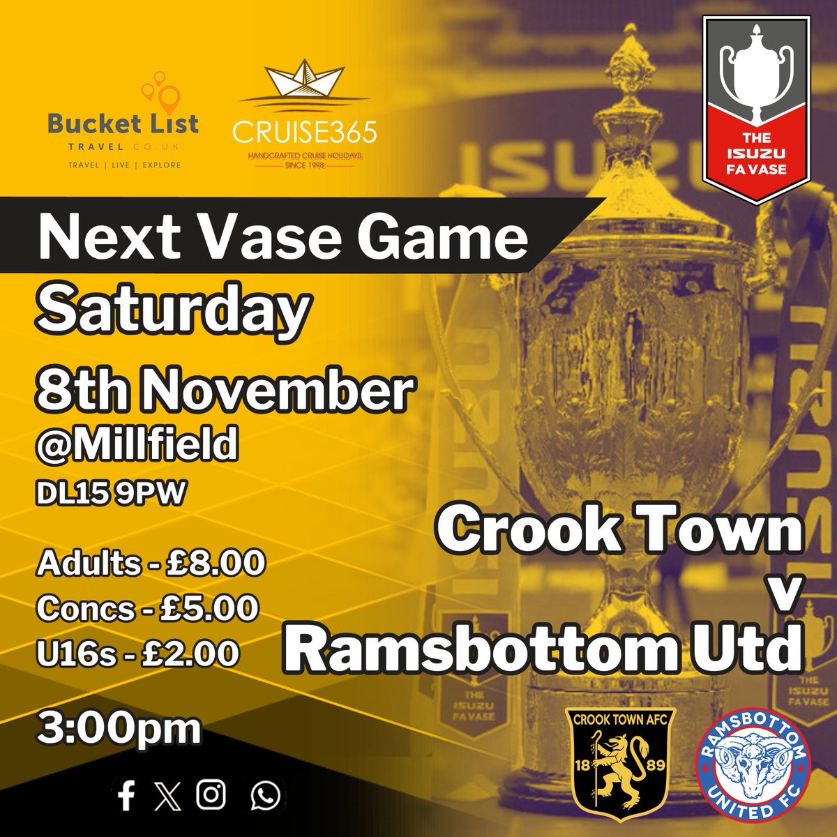 CUP DAY 🏆

🆚 <a href="/RamsbottomUtd/">Ramsbottom United</a>
🏟️Sir Tom Cowie Millfield 
📍DL15 9PW
🕒 3:00PM
📖 Programmes at Turnstile 

🍺Footballers open at 1pm🎱
🍔Only foods n Sauces open.
👕Club Shop open from 2pm

💷 Cash at Turnstile preferable
🥁Drums are not permitted within the ground 

 🖤💛