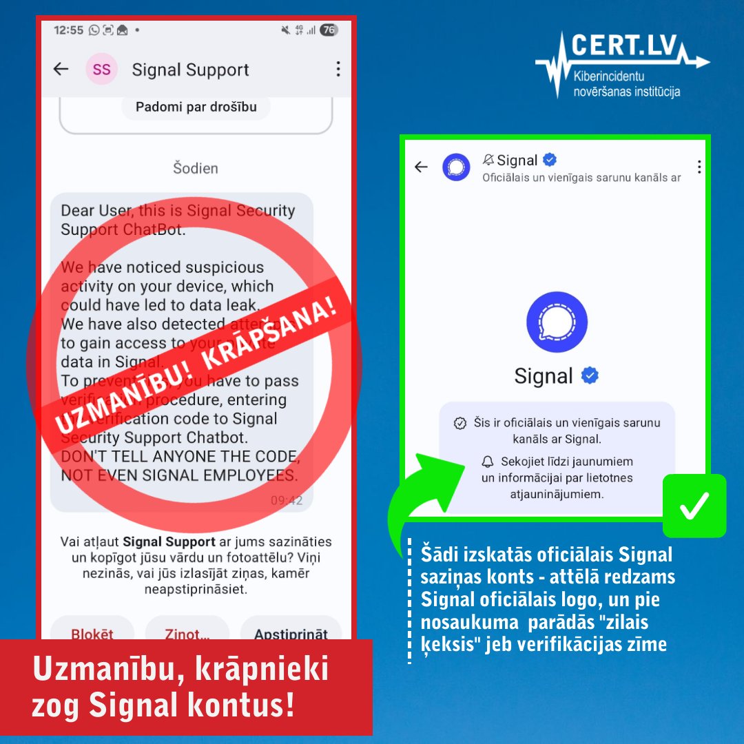 certlv's tweet image. ⚠️ Brīdinājums! Krāpnieki uzdodas par “Signal Support” un sūta viltus ziņas par “neautorizētu piekļuvi”. Latvijā šonedēļ konstatēti jau vairāki cietušie. Aicinām iedzīvotājus būt modriem un, saņemot šādas ziņas, uz tām nereaģēt un bloķēt tās.