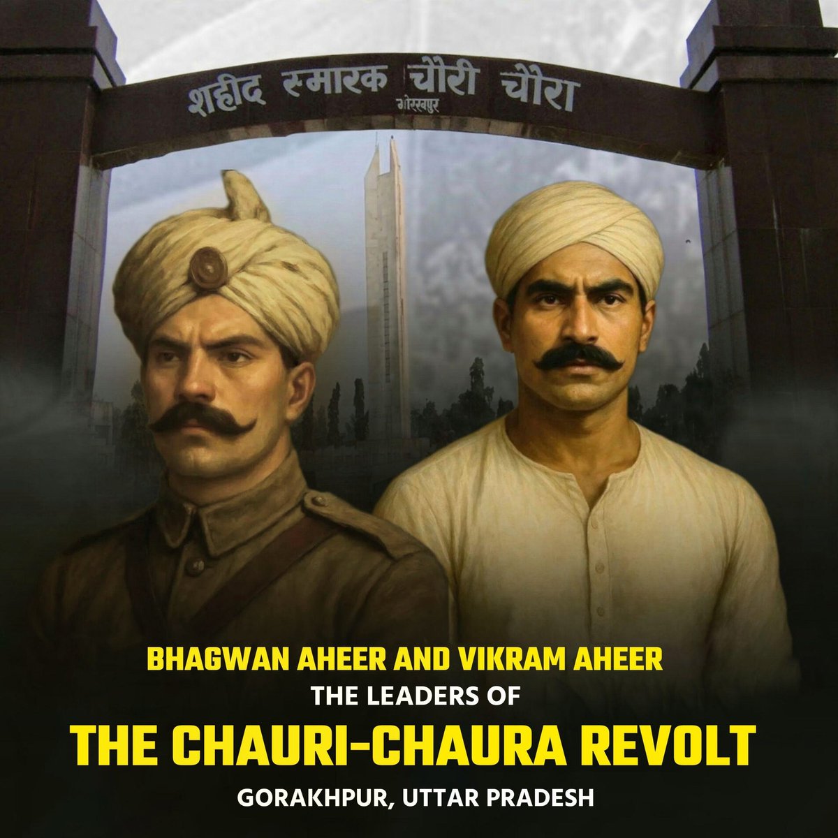 casteobession's tweet photo. Name-Bhagwan & Vikram Aheer 
Martyred-July,1923
Caste-Aheer
Subdivision-Gwalbansh
Religion-Hinduism
Role-Leaders of the Chauri-Chaura Revolt

..................................................
Bhagwan Aheer and Vikram Aheer were renowned freedom fighters from Purvanchal, Uttar Pradesh, who played a leading role in the historic Chauri-Chaura Revolt of Gorakhpur in 1922. They, along with over 170+ courageous patriots,made the ultimate sacrifice for the freedom of the motherland.

Aftermath of this event was so strong that it awakened the common peasant population of rural India to join the freedom struggle,And the nation was reaching the epoch of support for the Indian independence movement but MG Suspended the Non-cooperation Movement.

The disillusionment after Chauri-Chaura led to the emergence of new leaders like Subhas Chandra Bose,Bhagat Singh, Chandrashekhar Azad etc and new approaches-from revolutionary methods(India's Freedom with Arm Struggle) to socialist ideas,broadening the freedom movement’s scop.