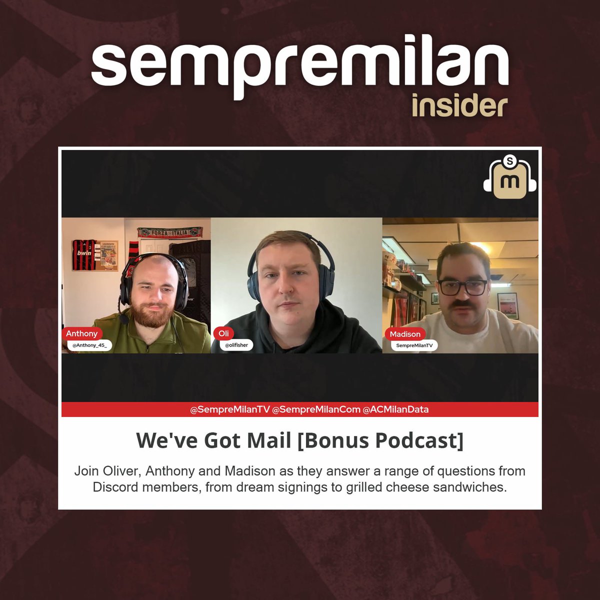 🚨 BONUS PODCAST: We've Got Mail!

📮 <a href="/olifisher/">Oli</a>, Anthony and Madison answer questions on a range of topics, from dream January signings to grilled cheese sandwiches.  

👉 Listen/watch here: sempremilan.substack.com/p/weve-got-mai…