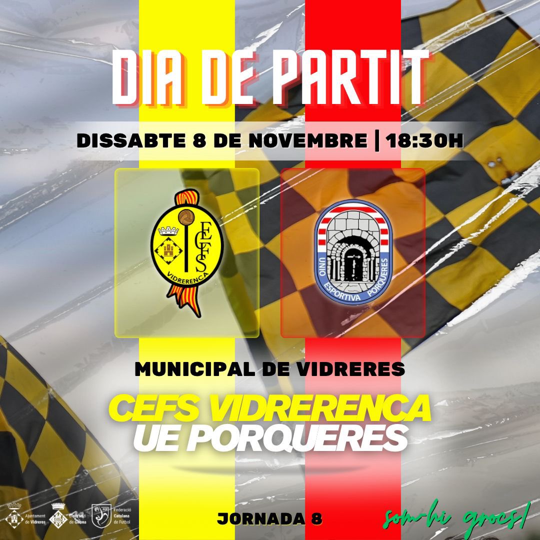 ⚽️ D I A   D E   P A R T I T ⚽️

🆚 <a href="/UEPorqueres_/">UNIÓ ESPORTIVA PORQUERES🎗</a> 
🏟 Camp Municipal de Vidreres
🕡 18:30h
👨🏻‍⚖️ Lucas Pertuzati Gifague
⚔️ #2cat1

#somhigrocs