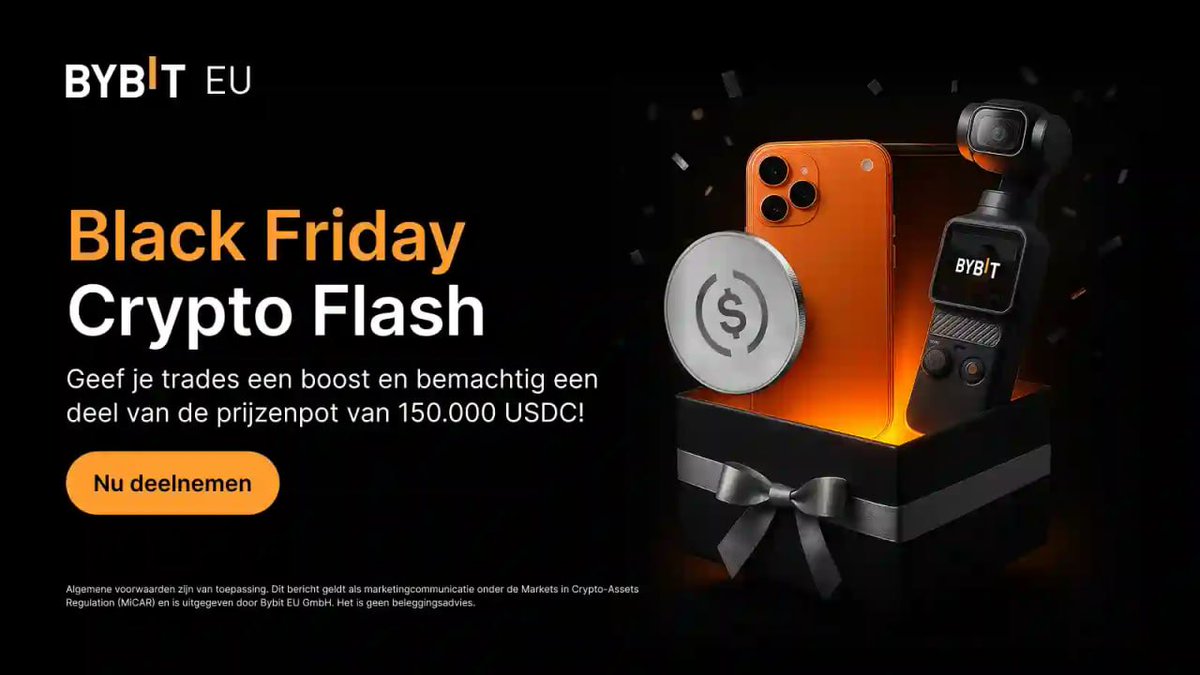 🖤 Bybit EU Black Friday Crypto Flash is live!

💰 Total prize pool: 150,000 USDC
💥 Get 0.35% off BTC
🎁 Unlock 100% winning Flash Boxes
🏆 Win iPhone 17 Pro Max, DJI Osmo Pocket 3 &amp; USDC airdrops

👉 Join now: bybit.eu/en-EU/black-fr…

📆 Now – Dec 2, 2025 (10 AM UTC)