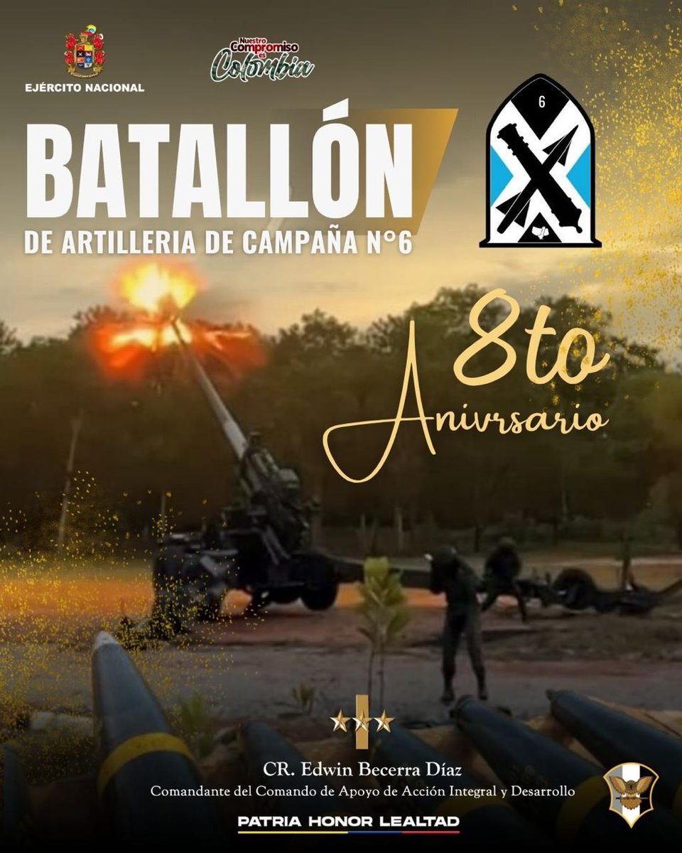 El <a href="/Ejercito_CAAID/">Comando de Acción Integral del Ejército Nacional</a> conmemora el 8.º aniversario del Batallón de Artillería de Campaña N.º 6  del <a href="/COL_EJERCITO/">Ejército Nacional de Colombia</a> , unidad esencial en el apoyo de fuego indirecto, fortaleciendo las operaciones militares con precisión, potencia y disciplina táctica. 🇨🇴
#PatriaHonorLealtad