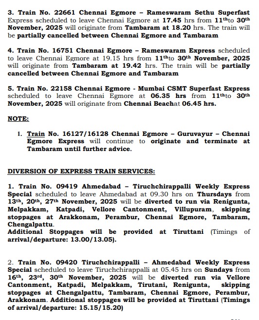 DrmChennai's tweet image. Due to the ongoing Re-development Works at Chennai Egmore Railway Station, the following Express Trains will continue to originate/terminate temporarily from Tambaram / Chennai Beach with effect from the dates mentioned below:- 

#Railupdate