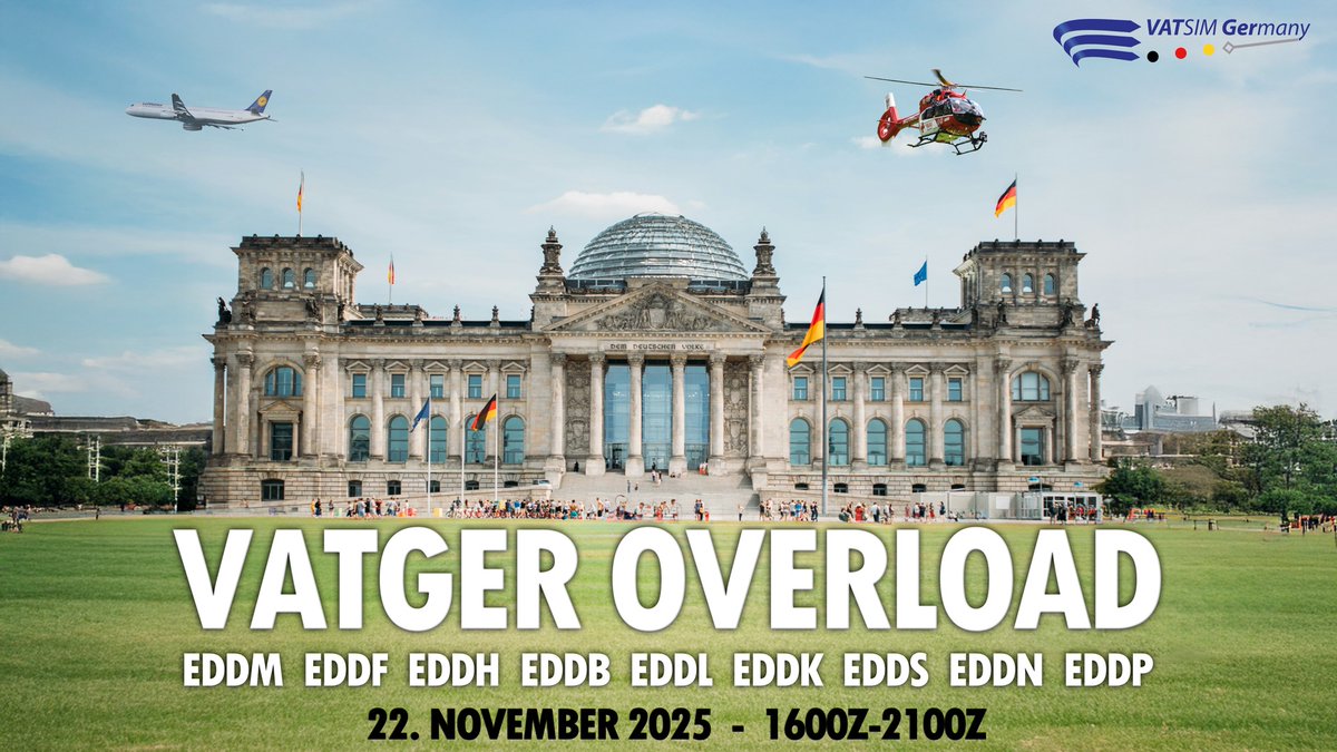 Join us for the 2nd edition of VATGER Overload on Nov 22, 2025, from 16–21z! Expect full ATC coverage at 9 major German airports and a sky full of traffic. #VATSIM #VATGER #flightsim