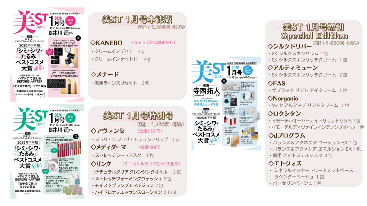 furoku_net's tweet photo. 11月発売の美容系雑誌の付録が豪華すぎて、オンライン書店では完売続出中ᝰ✍🏻

特に『VoCE』通常版、『美的』スペシャルBOX版、『美ST』増刊はなかなか予約再開しないので、発売日以降は早めの購入がおすすめ！

また『VoCE』は現在、全ver.がオンライン書店で完売中です🫧
▷https://t.co/8a2POfxHfX https://t.co/Q2baQ6zki9