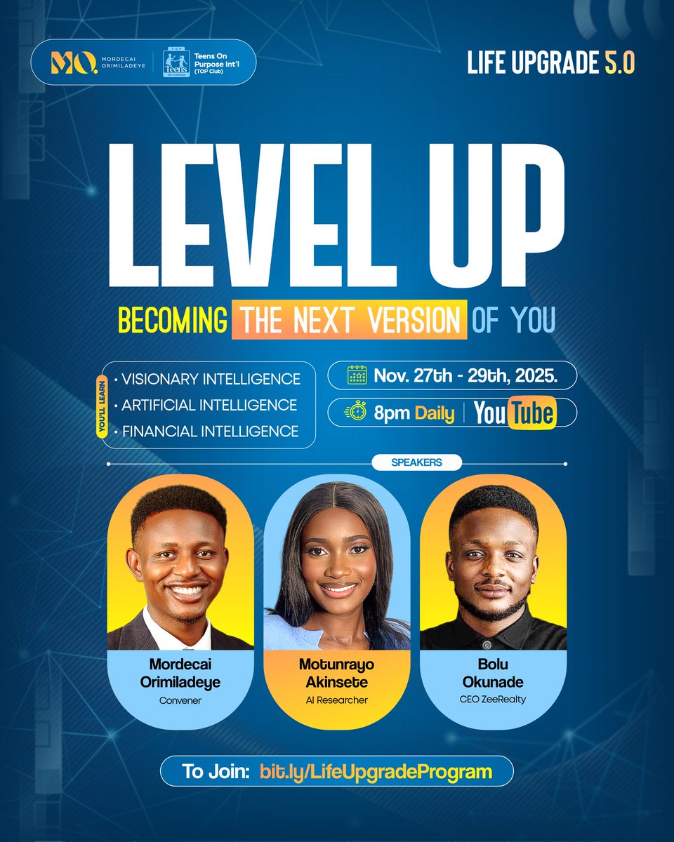 Teensonpurpose_'s tweet image. This isn’t just another event—it’s a call to growth. A call to be better, do better, and think higher.

Because life doesn’t change by chance—it changes by intentional growth!

👉 Join 500+ youths ready to grow.
bit.ly/LifeUpgradePro… 

#Teensonpurpose
#LifeUpgrade #Trending