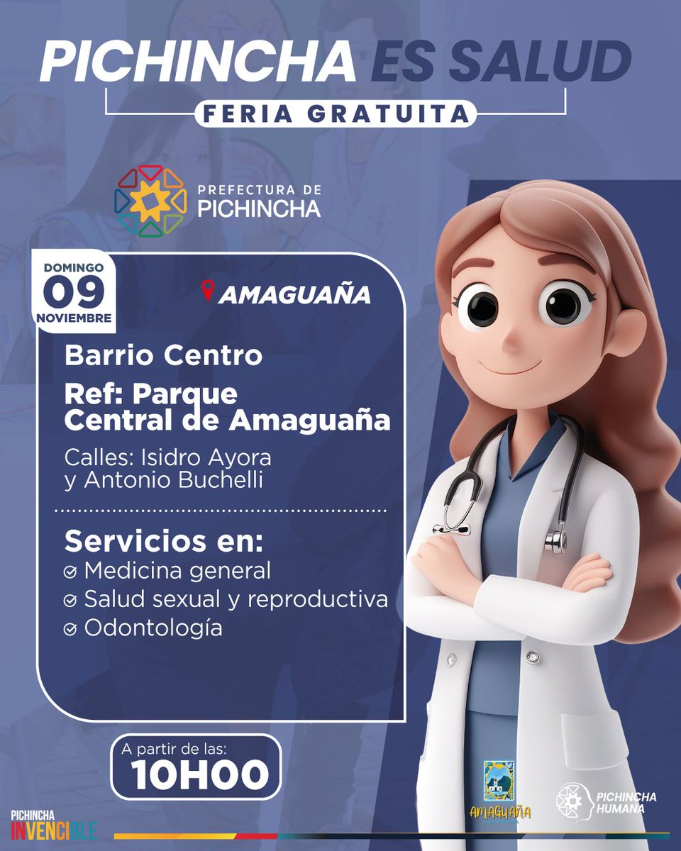 ¿Es hora de un chequeo médico?👨🏻‍⚕️👩🏻‍⚕️

Si vives en #Amaguaña, trae a toda tu 👨‍👩‍👧‍👦 familia este 🗓️domingo 9 de noviembre a nuestra feria #PichinchaEsSalud en el Barrio Centro, en donde accederás a los siguientes servicios de manera GRATUITA:

✅Medicina general
✅Salud sexual y