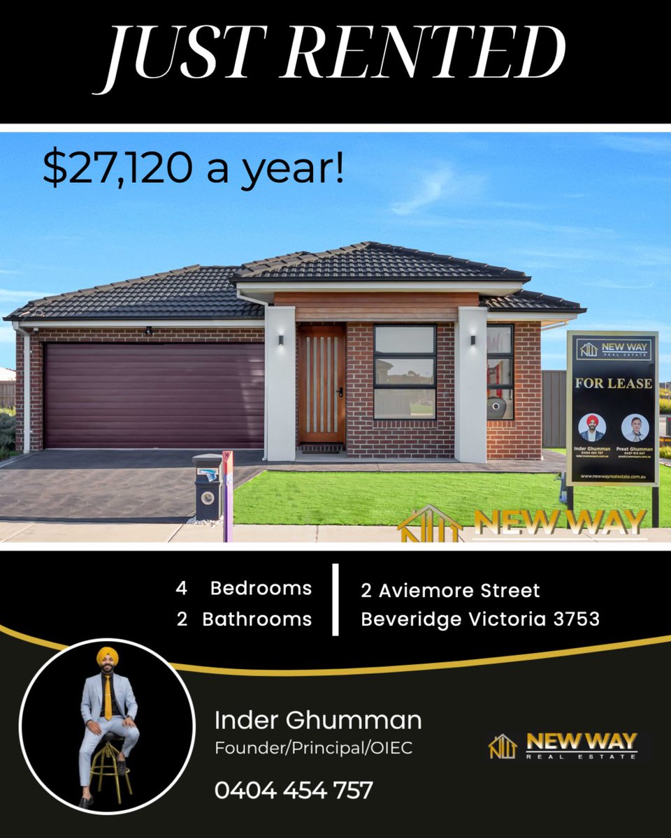inderbirghuman's tweet image. 4 bed | 2 bath | 2 car
📍 2 Aviemore Street, Beveridge Victoria 3753

Our latest available rental on RateMyAgent.

...
#ratemyagent #realestate #beveridge#realestate#newwayrealestate#Inderghumman#Wollert#Donnybrook#Craigieburn#Kalkallo#panjab#india#Mickleham#Melbourne#Sydney#Re