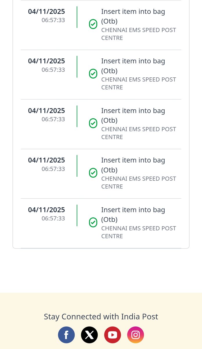mridulaswamy's tweet photo. @IndiaPostOffice speed post parcel to Italy booked on 3/11/25 at Teynampet Chennai. Consignment #ET205916222IN. No update on your site since 4/11 (ref: photo). What is going on? Very disappointed. https://t.co/8d3E93i2pm