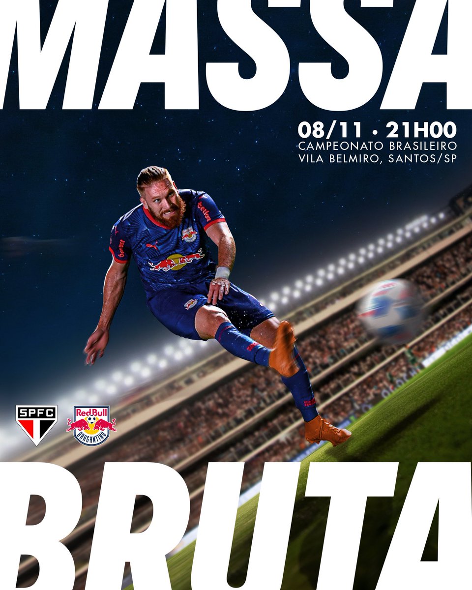 RedBullBraga's tweet image. HOJE TEM MASSA BRUTA EM CAMPO! ❤️‍🔥

⚽️ São Paulo x Red Bull Bragantino 
🏆 @Brasileirao | 33ª rodada
⏰ 21h
🏟️ Vila Belmiro
📺 @sportv e @canalpremiere 

#RedBullBragantino #MassaBruta #ForçaInterior #Brasileirao