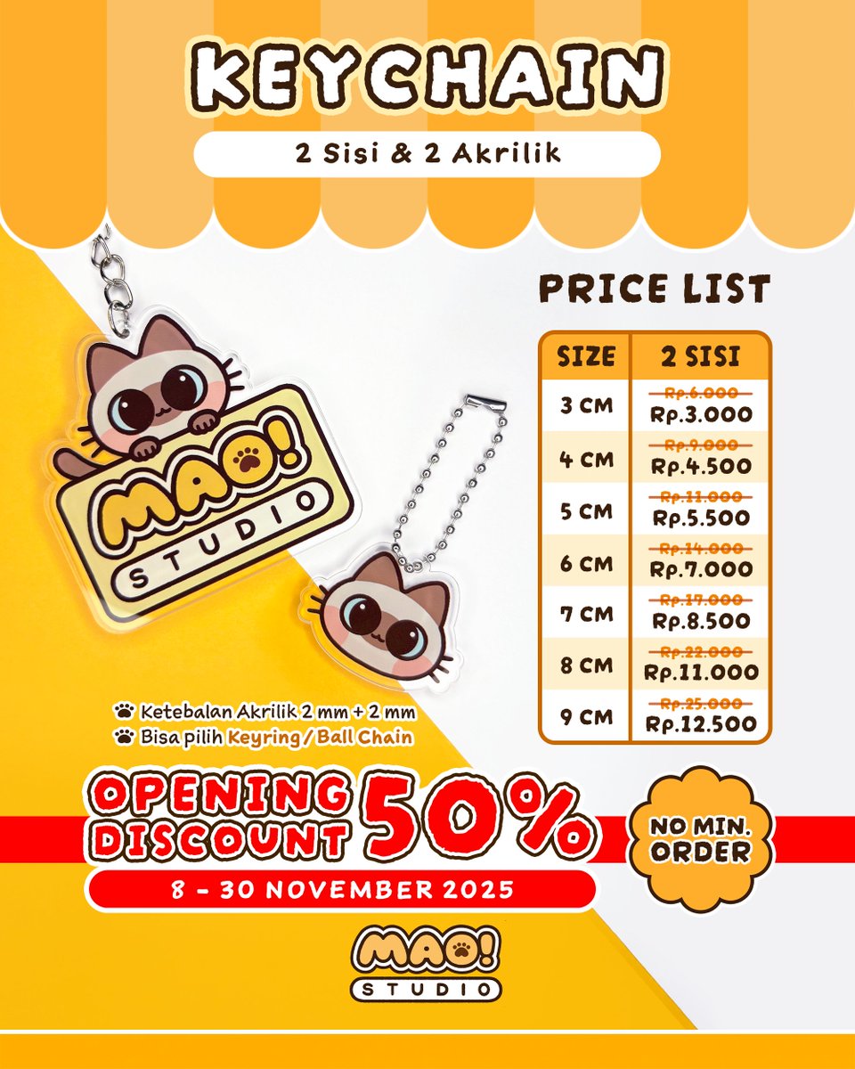 MAOStudioID's tweet photo. Untuk merayakan OPENING MAO! Studio, kita ada hadiah spesial untuk kalian loh~ :
🎉 OPENING DISCOUNT 50%🎉
⏰ Limited Time : 8 - 30 November 2025 ⏰

Kita bisa cetak :
💛 Keychain
🧡 Epoxy Keychain
💛 Phone Charm
🧡 Standee
💛 Translucent Keychain, etc! https://t.co/VVLPYmhL61