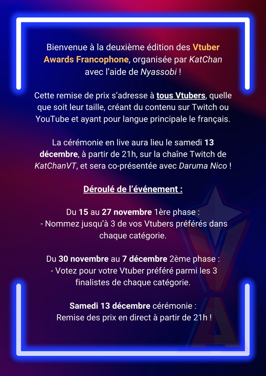 VtuberAwardsFR's tweet image. Les VTuber Awards Francophone sont heureux de vous annoncer le déroulé de cette édition 2025 !! ⭐️

Pour ne rien manquer de l'évènement, n'hésitez pas à rejoindre le serveur Discord dans les commentaires
⬇️⬇️⬇️