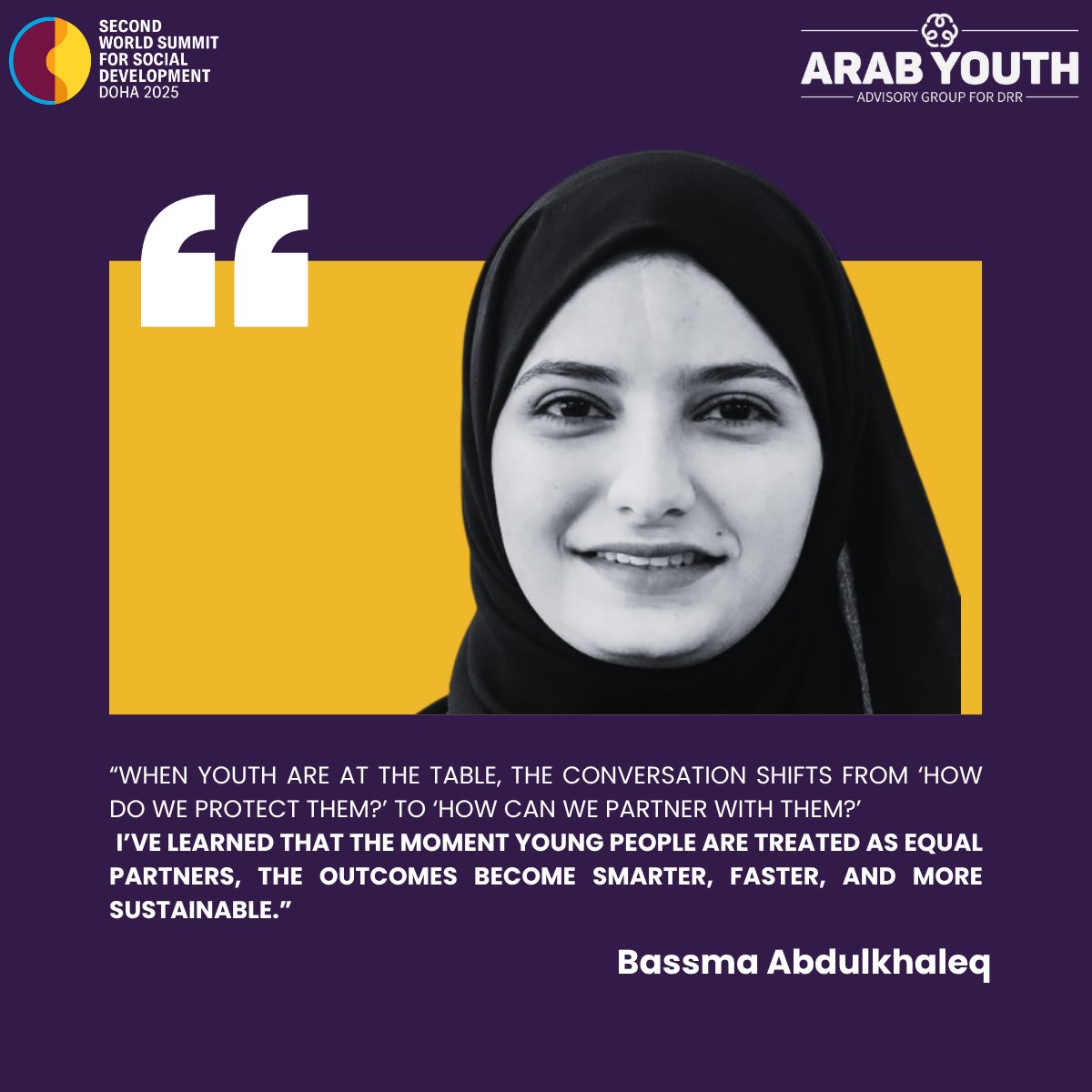 AYAG_DRR's tweet photo. Bassma Abulkhaleq represented #AYAGDRR at the #SWSSD in Doha (4-6 Nov. 2025), showcasing how Arab youth are redefining resilience and inclusion.
@UNDRR @UNDRRArabStates @HeadUNDRR @raidanalsaqqaf
#UNDRR #Youth4Resilience #ArabYouth https://t.co/fPnLkCrsid