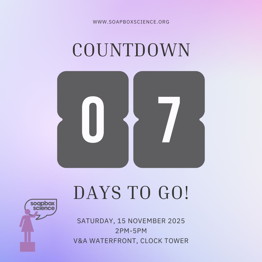 SoapboxSciCT's tweet image. In just 7 days, Soapbox Science Cape Town will be taking over the V&amp;amp;A Waterfront! 🚀 Meet the women shaping the future of science and tech - get inspired, ask questions, and dive into the latest research. Nov 15, 2-5pm - don&apos;t miss it! 📅 #SoapboxScience #CapeTown #WomenInScience