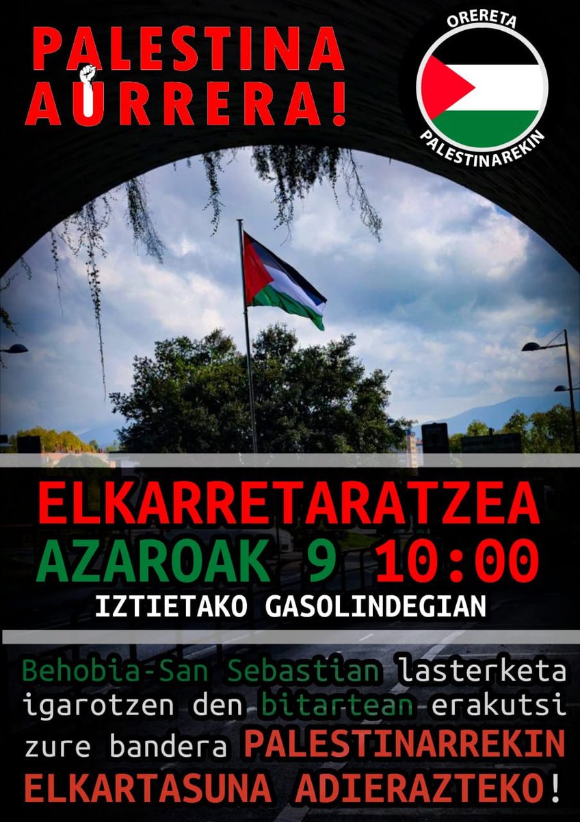 Mañana domingo en #Errenteria la solidaridad con #Palestina tendrá su sitio al paso de la carrera Behobia-San Sebastian.