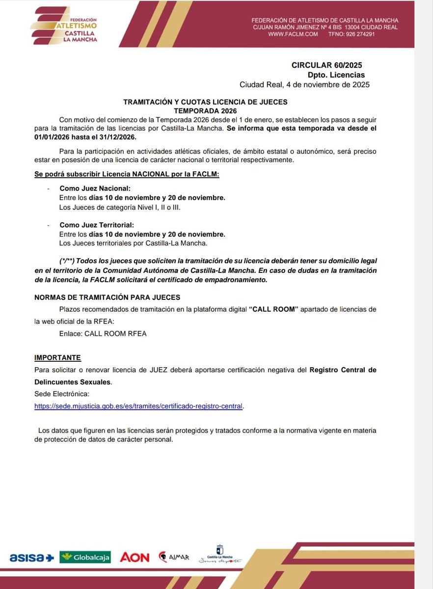 JuecesC's tweet photo. Arranca el periodo de renovación de licencias para la temporada 2026

Información en la circular 60/2025 de la FACLM: https://t.co/JP4V3El5ut https://t.co/asTj9fIkH1