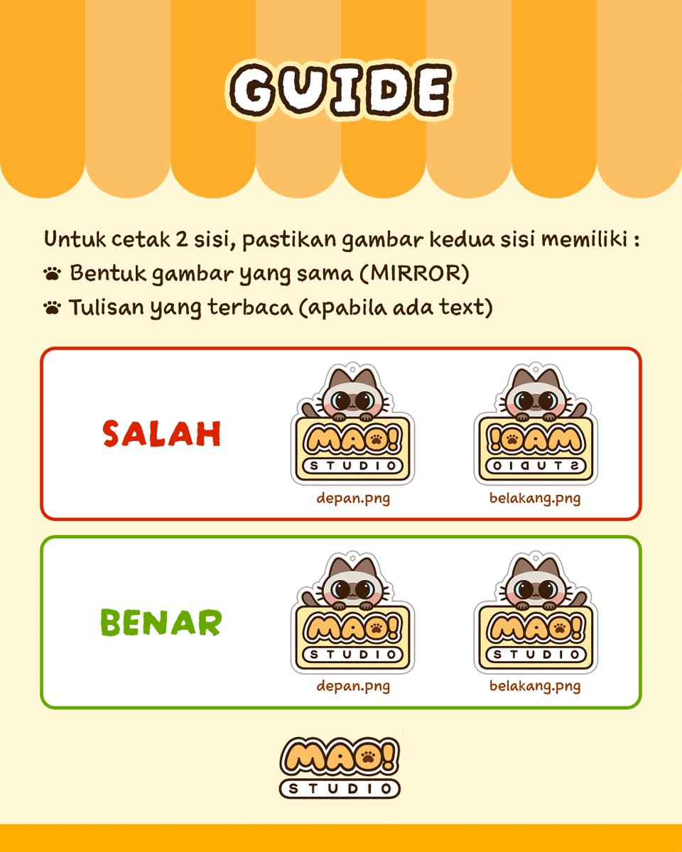 MAOStudioID's tweet photo. 🐾📝Berikut Cara Pemesanan di MAO! Studio 📝🐾

MAO! Studio fully ONLINE Operated!
Jadi kalian bisa pesan Custom Merch kalian dari mana saja &amp; biar MAO!  bantu urus Merch kamu sampai selesai! ✨

Kalau ada yang masih bingung, kalian boleh chat Admin MAO! di DM / WA yaaa 😺🐾 https://t.co/TTrklvO5sG