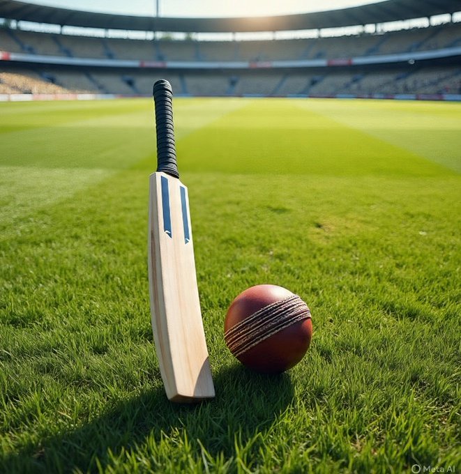 A large outdoor cricket stadium with green seating tiers under a partly cloudy sky during sunset with warm orange sunlight illuminating the scene. In the foreground on the lush green grass field a wooden cricket bat with black grip and blue stripes lies horizontally next to a red cricket ball with white seams.