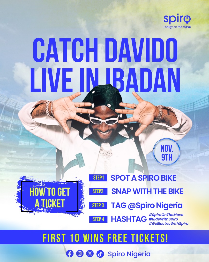 spironigeria's tweet image. Catch Davido LIVE in Ibadan this weekend Nov 9th &amp;amp; guess what?
10 people get to win FREE tickets courtesy of @SpiroNigeria!
Here’s how
Step 1: Spot a Spiro Bike around town
Step 2: Snap a photo with the bike
Step 3: Tag us using #SpiroOnTheMove #RideWithSpiro #GoElectricWithSpiro