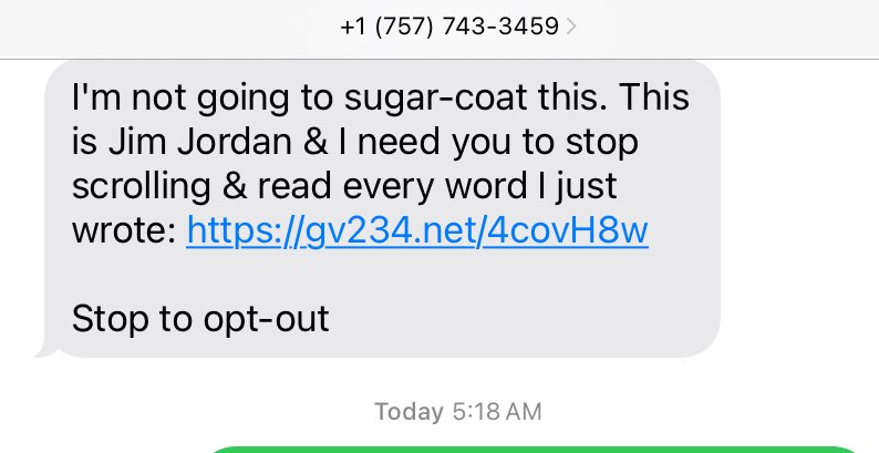ConnieCrowley_'s tweet photo. @Jim_Jordan Thank WinRed for harassing conservatives into oblivion and former political interested supporters into former voters. Every 15 minutes I get a text like this and they do not stop. https://t.co/n5eFzYuQOe