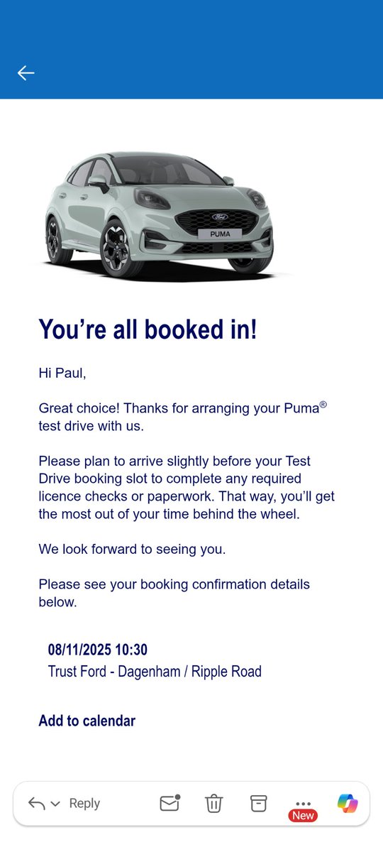 GiftedAnimal's tweet image. @forduk Confirmation email. Turned up before my time and was told there was no car to test drive. It cost to get there including 2x Silvertown Tunnel charges and a total waste of a morning. I can assure you when I am changing my car in 8 month&apos;s it will not be a #ford #wasters