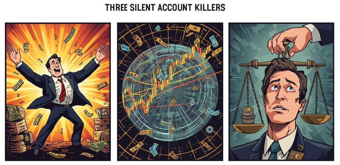 AnkurPatel59's tweet image. The Three Silent Account Killers

1. Overconfidence After Wins:
Success breeds illusion. A few good trades and you start believing you’ve mastered the game. Position sizes grow, rules fade, and the market humbles you the moment you feel untouchable.

2. Pattern Recognition Bias:…