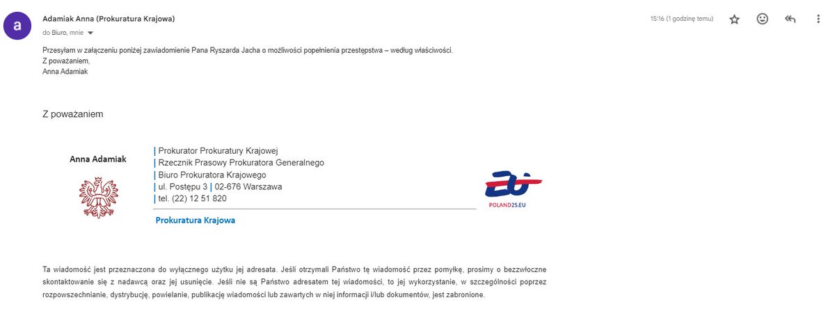 <a href="/w_zurek/">Waldemar Żurek</a> <a href="/ZiobroPL/">Zbigniew Ziobro | SP</a> <a href="/jsachajko/">Jarosław Sachajko</a> <a href="/Anna1Kwiecien/">Anna Kwiecień🇵🇱💯</a> <a href="/OficjalnyJK/">Jarosław Kaczyński</a> <a href="/SN_RP_/">Sąd Najwyższy</a> <a href="/Jan_Pinski/">Jan Piński</a> Prokuratorze Generalny RP, <a href="/w_zurek/">Waldemar Żurek</a> ,
W dniu 7.01.2025 r. moje zawiadomienie o przestępstwach <a href="/ZiobroPL/">Zbigniew Ziobro | SP</a> wysłała ... prok. Anna Adamiak, Rzecznik Prasowy PG, mimo tego prok. Mirosław Chłopik BEZPRAWNIE zaniechał zainicjowania tzw. postępowania sprawdzającego (art. 307 par. 1 kpk).
