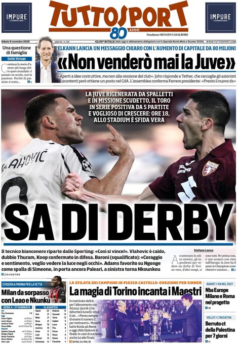 Front Page Tutto Sport, Saturday 8 November 2025