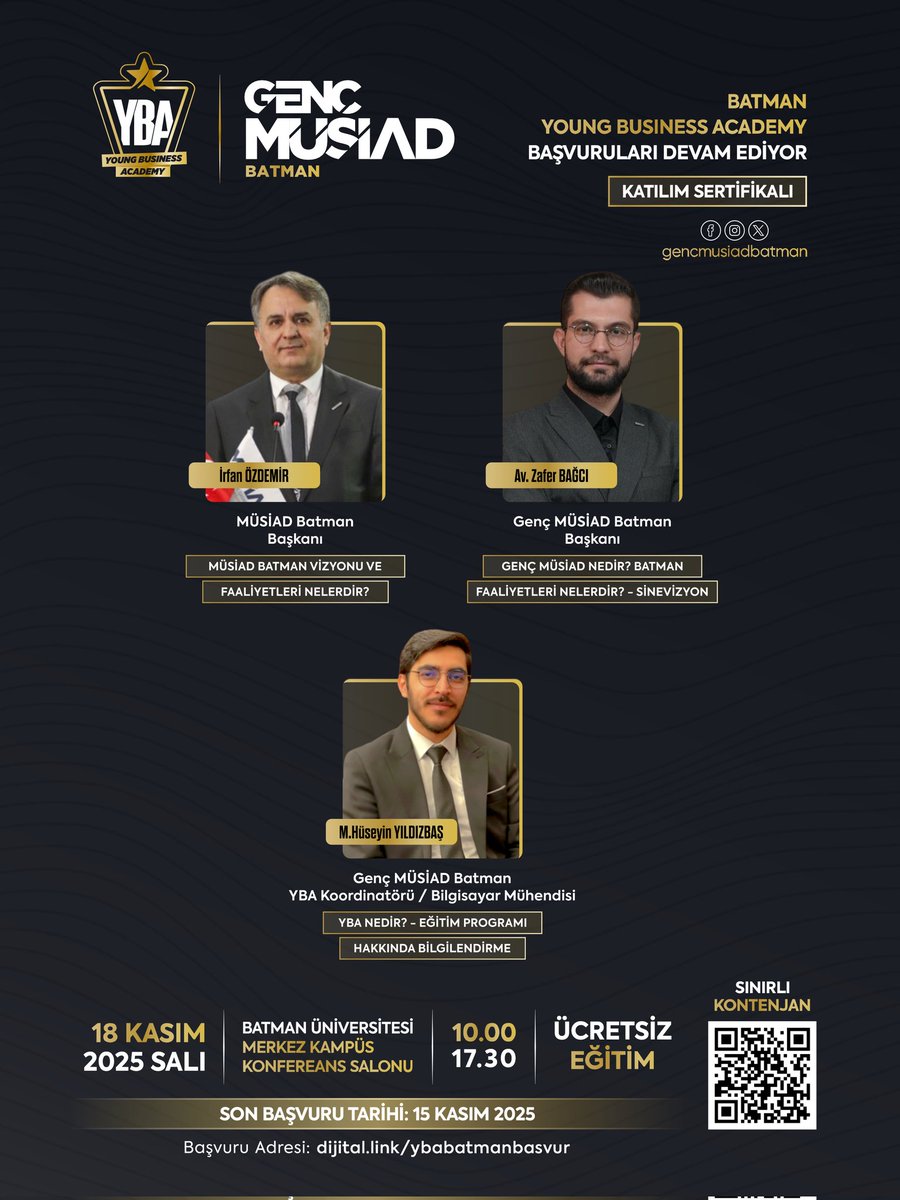 gencmusiad72's tweet photo. Geleceğin İş Dünyası Liderleri YBA Batman'da buluşuyor 🤩 

Sende kariyer hayatına büyük katkılar sunacak olan bu akademi programında yerini almak istiyorsan başvuru formunu doldur.

🔗Başvuru Formu:https://t.co/OIA6up3uIi https://t.co/BVK2BUbH5H