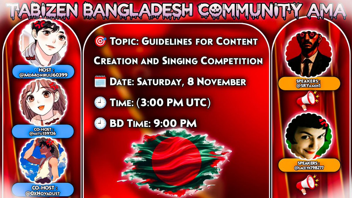 ASheikh8744's tweet photo. 💢Tabizen Bangladesh 🇧🇩 Community Twitter Space

Date: Saturday 8 November
Time: 9:00 PM (Bangladesh Time | 3:00 PM UTC)
Topic: Guidelines for Content Creation and Singing Competition

Host: @MdMonirulI60399
Co-Hosts: @0xNovadust  @mitu159726

Speakers: @SRYamin1  @laceyk198277 https://t.co/D5AfOZbHj3