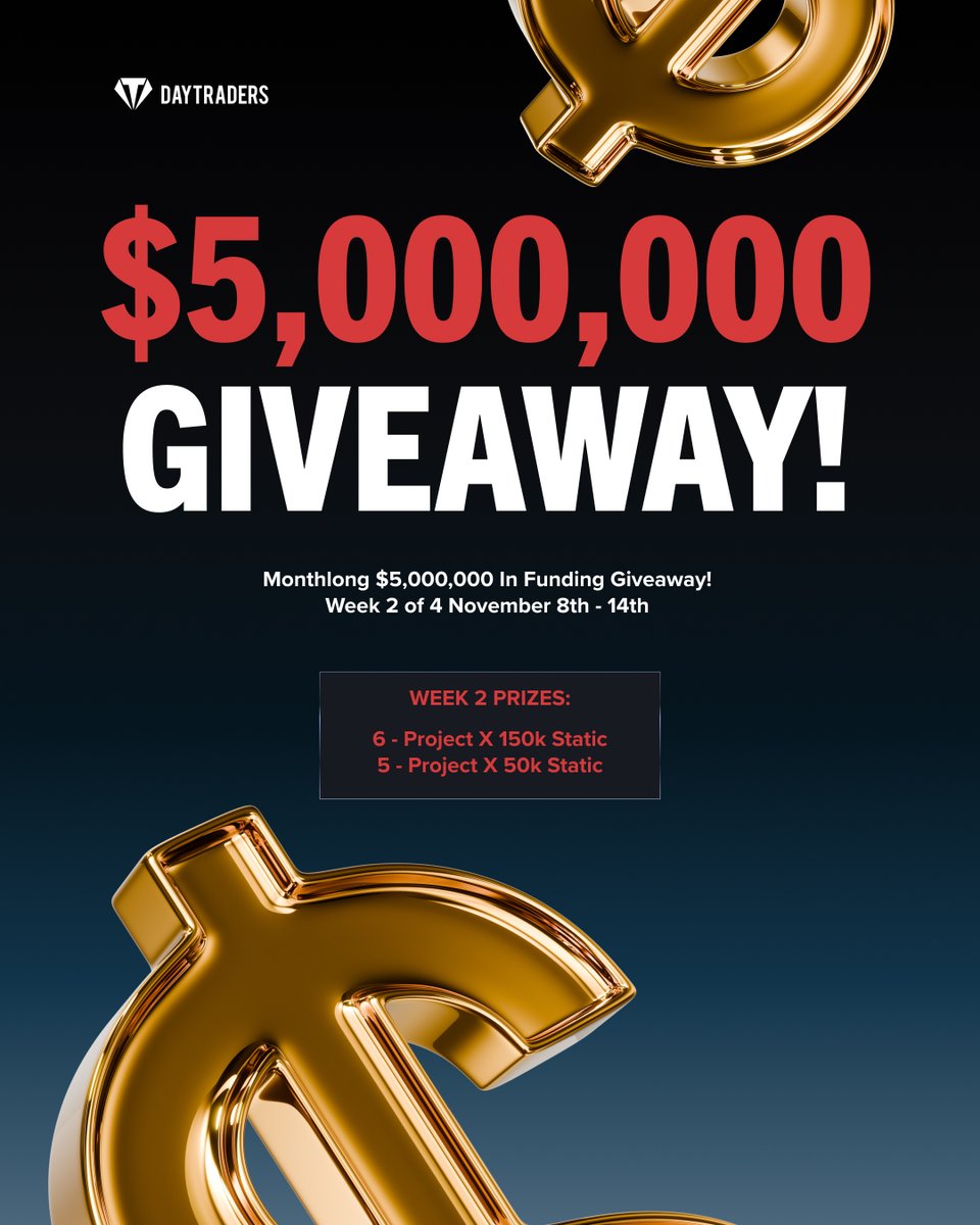 Week 2 Of The $5,000,000 Giveaway!  

This November, DayTraders is saying thank you to our trading community in a big way. We’re giving away $5,000,000 in funding all month long! 

 Week 2 of 4 giveaway Ends 11/14/2025

PRIZES: 
SIX (6) - Project X - 150K Static Accounts 
FIVE